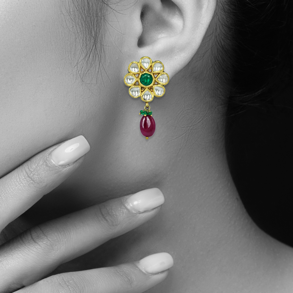 Round Polki Earrings with Emerald Center and Ruby Drops
